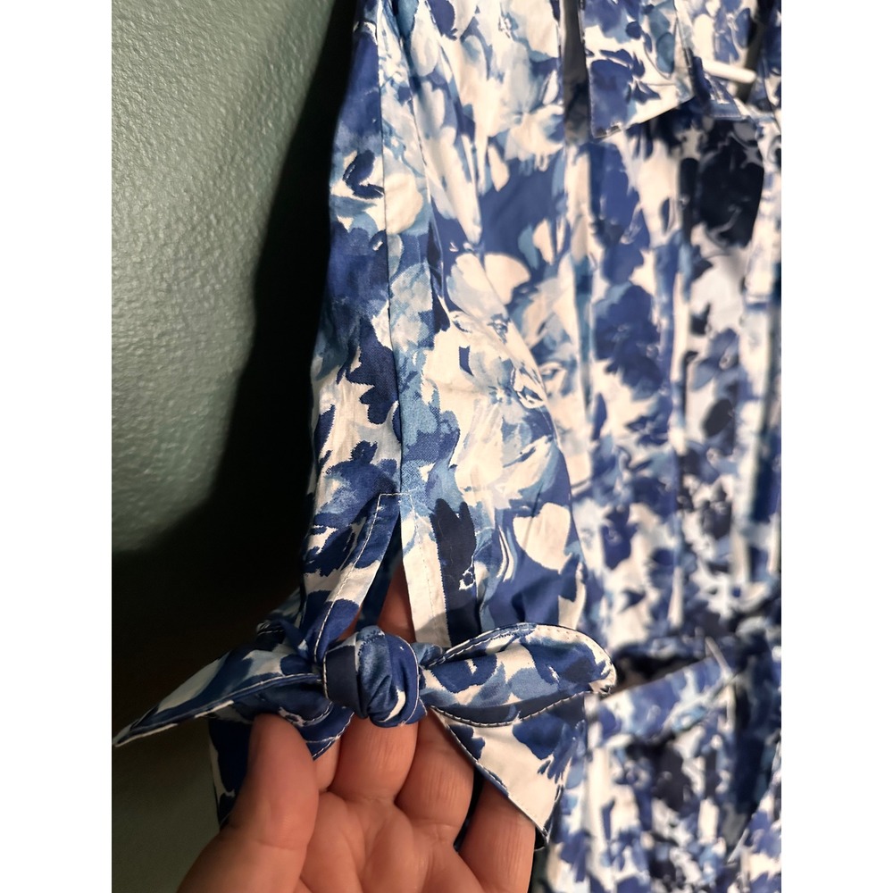 Calvin Klein Shirt Dress Womens 12 Blue Floral Cotton Tie Sleeve Belted Knee - Picture 2 of 6